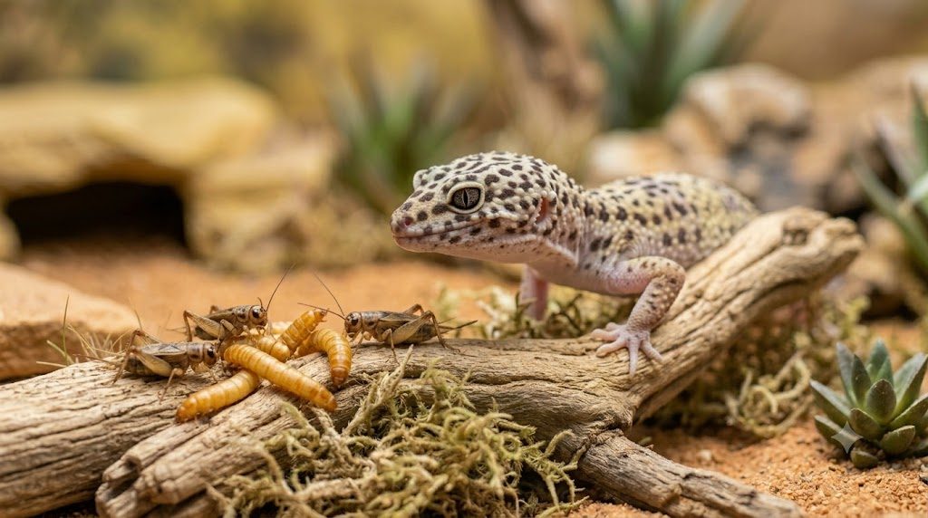 Gecko léopard adulte à côté d'une coupelle d'insectes