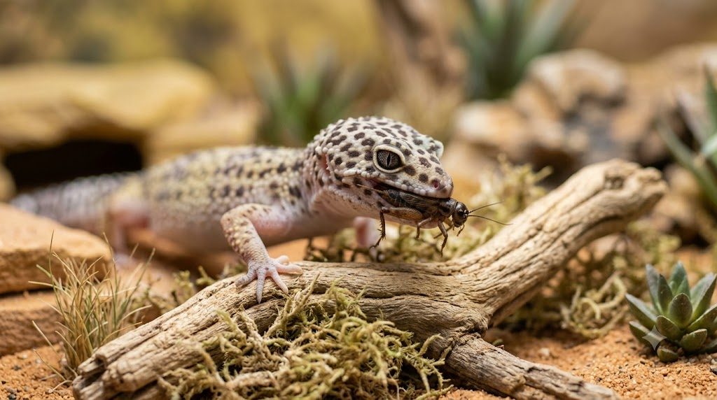 Gecko léopard attrapant un grillon dans son terrarium désertique