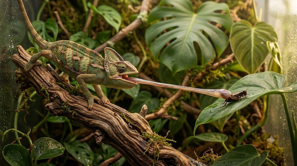 Caméléon casqué attrapant un insecte volant avec sa langue