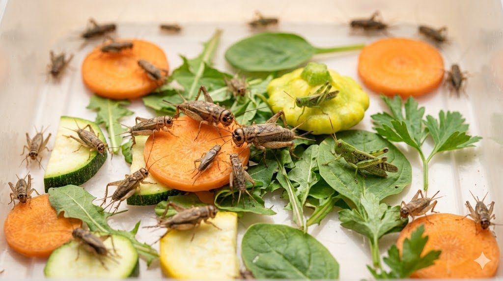 Insectes nourris de carotte, courgette et verdure fraîche avant distribution