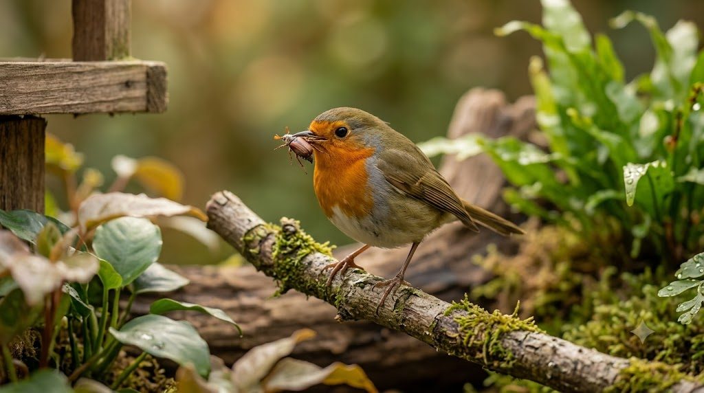 Oiseau insectivore saisissant un grillon dans une volière