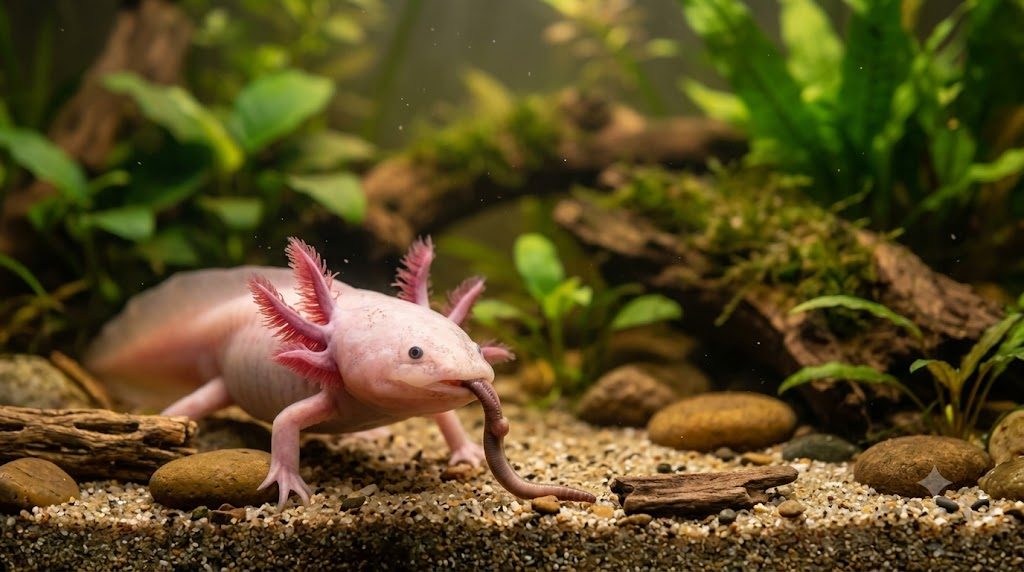Axolotl rose dans son aquarium en train de gober une proie molle