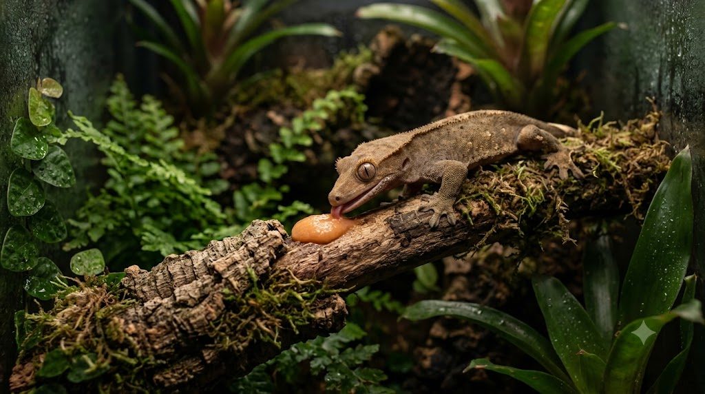 Gecko a crete leche une puree de fruits sur une feuille