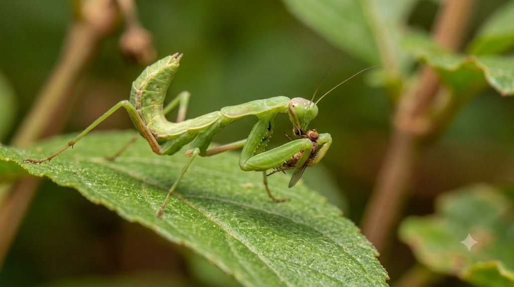 Mante religieuse devorant une mouche tenue entre ses pattes ravisseuses