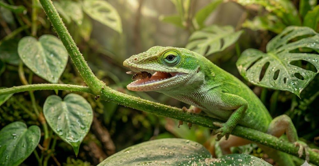 Anolis en train de se nourrir d'un insecte