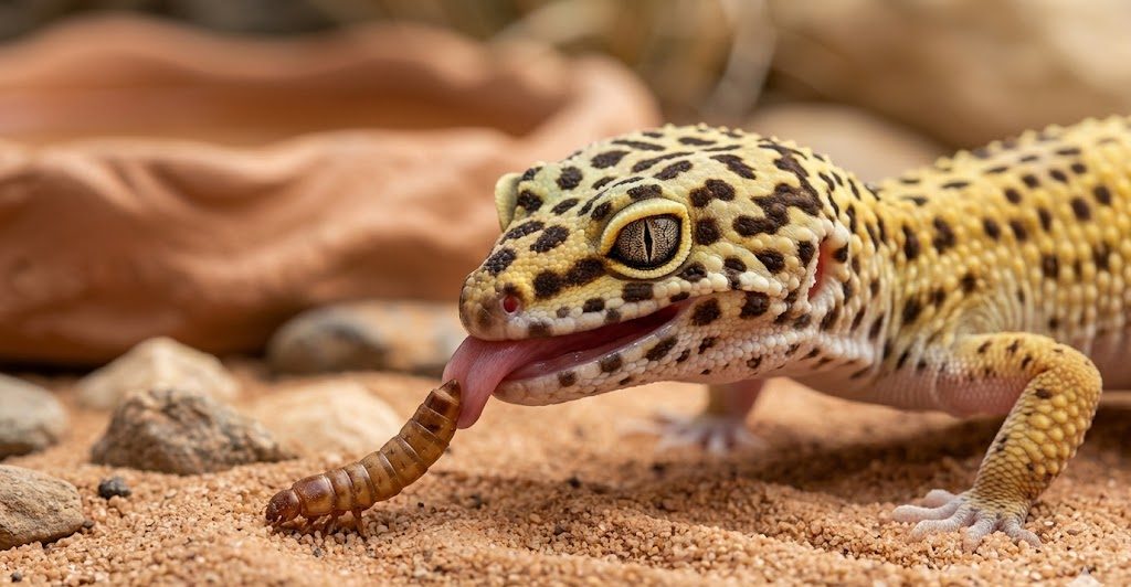 Gecko léopard en train de se nourrir d'un insecte