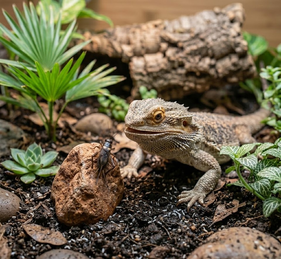 Pogona nourri d'insectes vivants